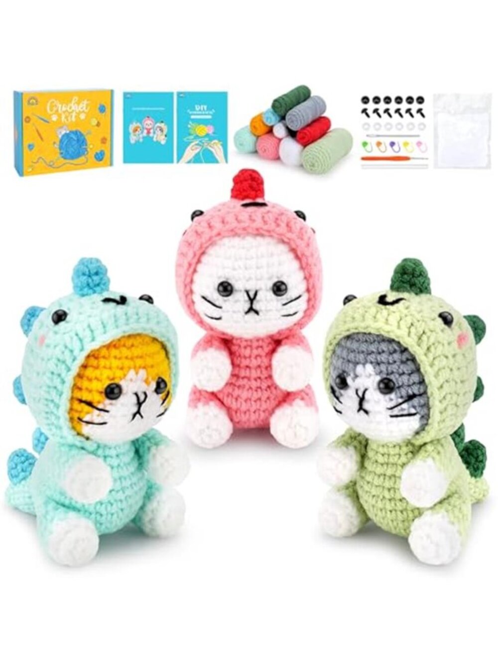 Beginner Crochet Kit Amigurumi Cat Dinosaur DIY Yarn Craft Starter Set